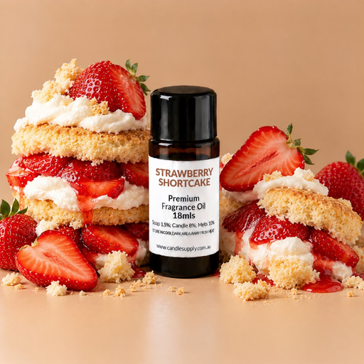 Strawberry Shortcake fragrance oil bottle with layered sponge cake, whipped cream, sliced strawberries and cake crumbs.