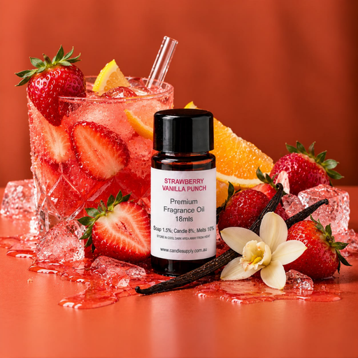 Strawberry Vanilla Punch fragrance oil bottle with a pink iced fruit drink, strawberries, orange wedges, vanilla pods and a white flower.