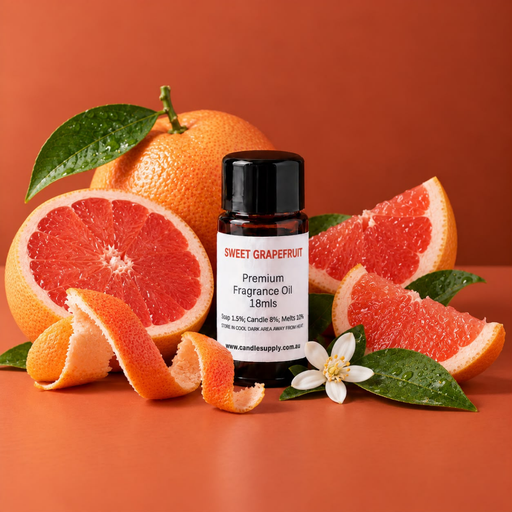 Sweet Grapefruit fragrance oil bottle with whole and sliced pink grapefruit, curled peel, green leaves and white blossoms.