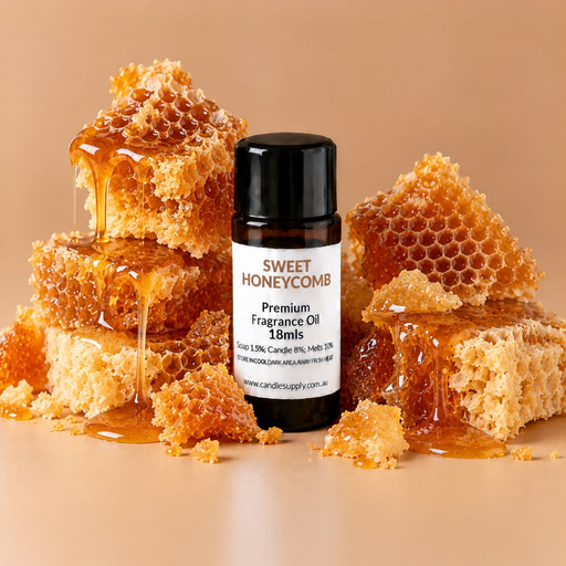 Sweet Honeycomb fragrance oil bottle with stacked golden honeycomb pieces dripping with honey.