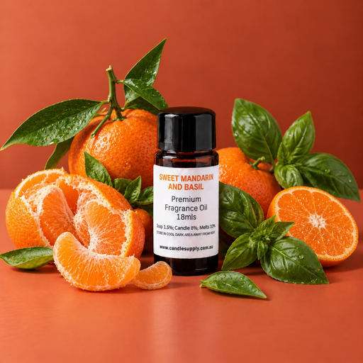 Sweet Mandarin and Basil fragrance oil bottle with whole and peeled mandarins, citrus slices and fresh basil leaves.