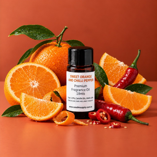 Sweet Orange and Chilli Pepper fragrance oil bottle with orange halves and wedges, red chillies and scattered chilli seeds.