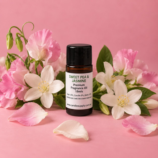 Sweet Pea & Jasmine fragrance oil bottle with pink sweet pea flowers, white jasmine blossoms, green leaves and scattered petals.