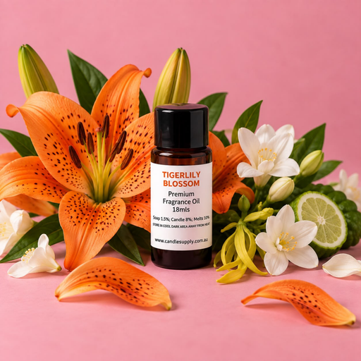Tigerlily Blossom fragrance oil bottle with orange spotted lilies, unopened buds, white and yellow flowers and a lime half.