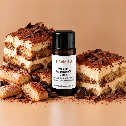 Tiramisu fragrance oil bottle with layered tiramisu slices, sponge finger biscuits, coffee beans, cocoa powder and chocolate shavings.