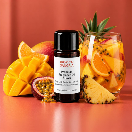 Tropical Sangria fragrance oil bottle with a tropical fruit drink, mango, passionfruit, pineapple and orange slices.