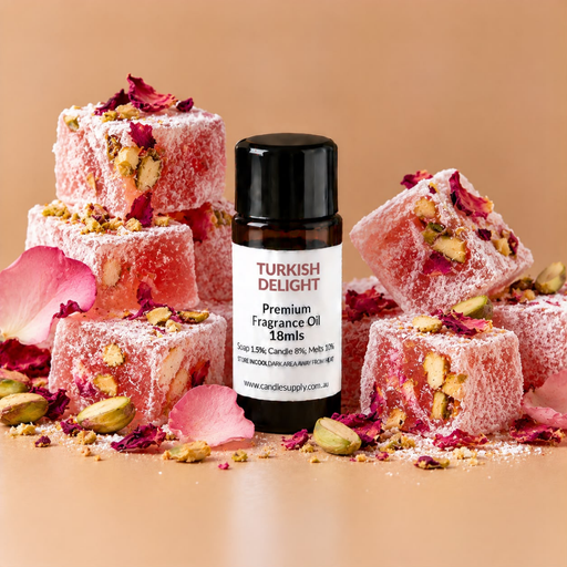 Turkish Delight fragrance oil bottle with pink pistachio-filled Turkish delight cubes, icing sugar, pistachios and rose petals.