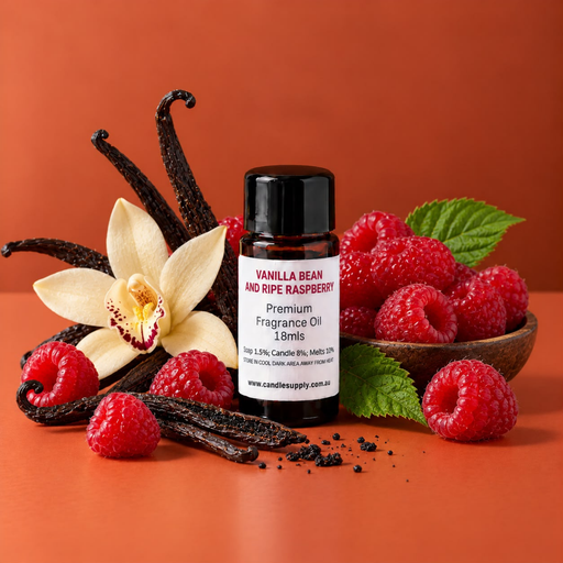 Vanilla Bean and Ripe Raspberry fragrance oil bottle with fresh raspberries, dark vanilla pods, vanilla seeds and white flowers.