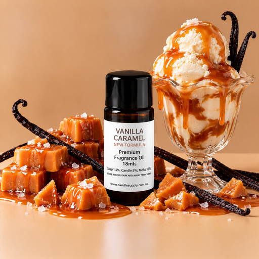 Vanilla Caramel New Formula fragrance oil bottle with caramel-drizzled ice cream in a glass dish, caramel cubes and vanilla pods.