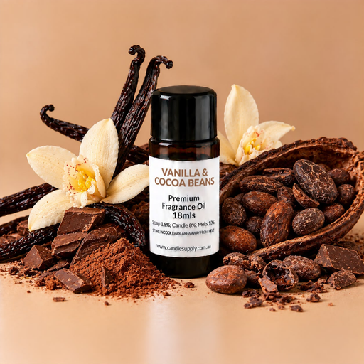 Vanilla & Cocoa Beans fragrance oil bottle with an open cocoa pod, cocoa beans, chocolate pieces, cocoa powder and vanilla pods.