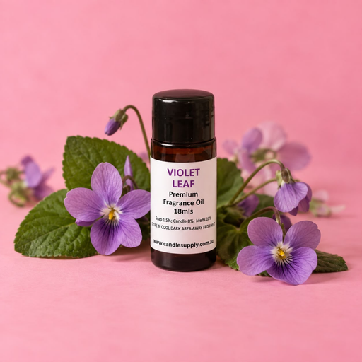 Violet Leaf fragrance oil bottle with purple violet flowers, green leaves and unopened flower buds on a pink background.