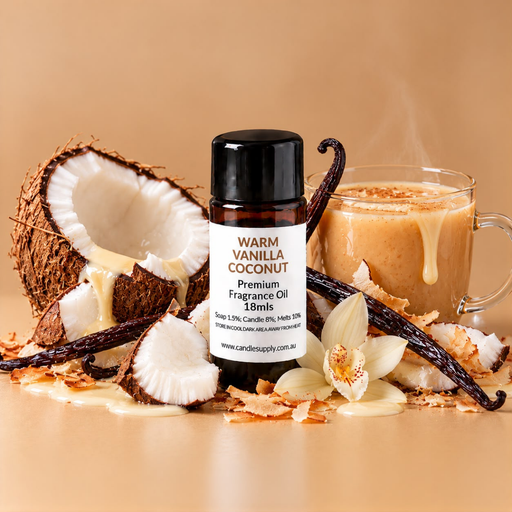 Warm Vanilla Coconut fragrance oil bottle with coconut halves and pieces, vanilla pods, a white flower and a steaming creamy drink.