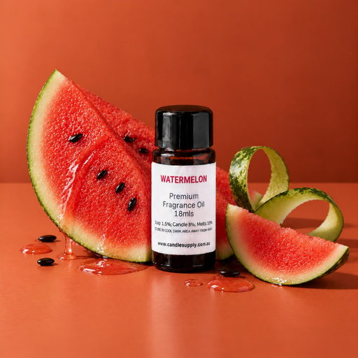 Watermelon fragrance oil bottle with red watermelon wedges, curled green rind, scattered black seeds and juice droplets.