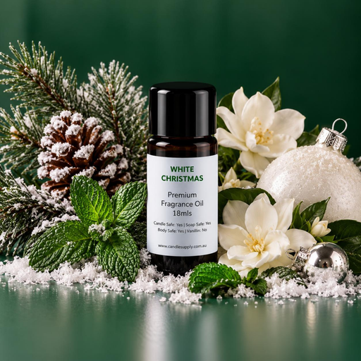 White Christmas fragrance oil bottle with frosted evergreen branches, a pine cone, mint leaves, white flowers and silver and white baubles.