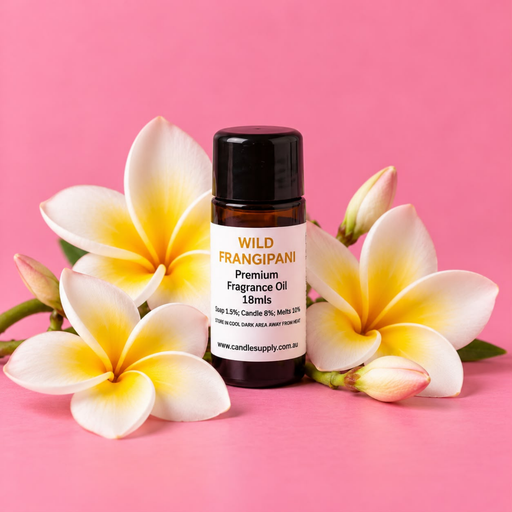 Wild Frangipani fragrance oil bottle with white and yellow frangipani flowers and pink-tipped buds.