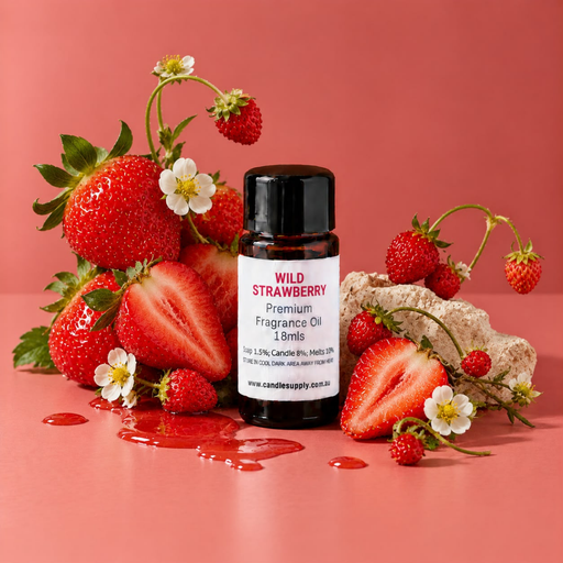 Wild Strawberry fragrance oil bottle with whole and halved strawberries, small berries on stems, white blossoms and a pale rock.