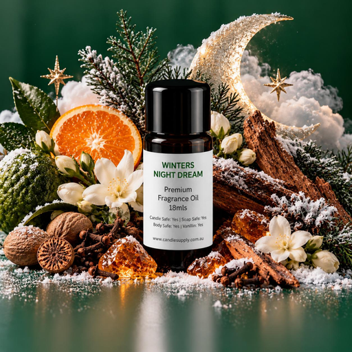 Winters Night Dream fragrance oil bottle with snowy evergreen sprigs, orange, white flowers, spices, wood and a decorative crescent moon.