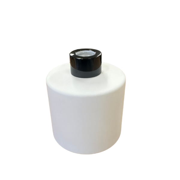 Glass Diffuser Bottle Matt White - 200mls - Round with Sealing Plug and Black Screw Cap