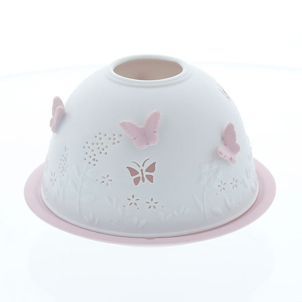 Luminous Pink Butterfly White Porcelain Tealight Holder