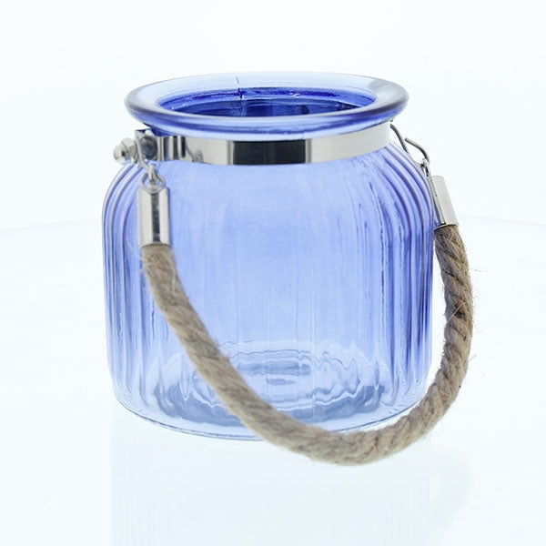 Jar Lantern - Ribbed - Cobalt Blue - Rope Tote - Large
